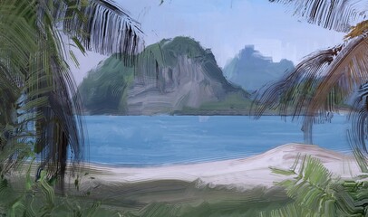 Ocean view. Wide brush painting. Hot summer. Tropical island. Digital art. Pacific atoll. 2d illustration. Blue water. © Jakub
