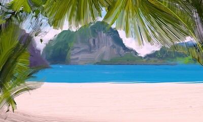 Obraz na płótnie Canvas Ocean view. Wide brush painting. Hot summer. Tropical island. Digital art. Pacific atoll. 2d illustration. Blue water.