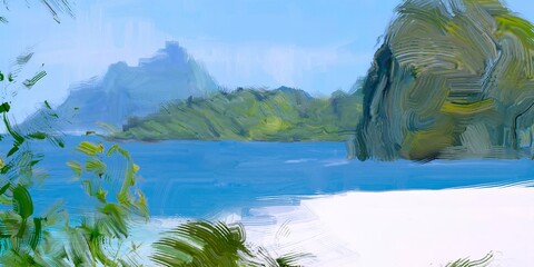 Ocean view. Wide brush painting. Hot summer. Tropical island. Digital art. Pacific atoll. 2d illustration. Blue water. © Jakub