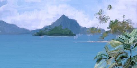 Ocean view. Wide brush painting. Hot summer. Tropical island. Digital art. Pacific atoll. 2d illustration. Blue water. © Jakub
