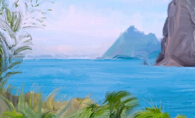 Ocean view. Wide brush painting. Hot summer. Tropical island. Digital art. Pacific atoll. 2d illustration. Blue water. © Jakub