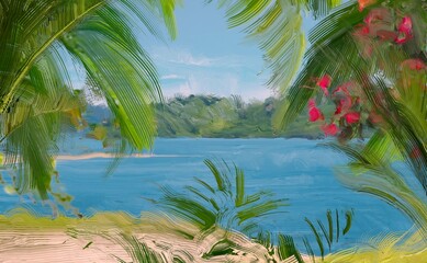 Ocean view. Wide brush painting. Hot summer. Tropical island. Digital art. Pacific atoll. 2d illustration. Blue water. © Jakub