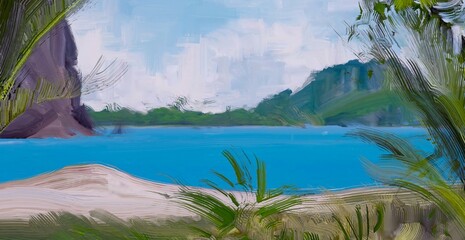 Ocean view. Wide brush painting. Hot summer. Tropical island. Digital art. Pacific atoll. 2d illustration. Blue water. © Jakub