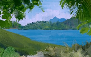 Ocean view. Wide brush painting. Hot summer. Tropical island. Digital art. Pacific atoll. 2d illustration. Blue water. © Jakub