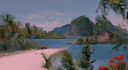 Ocean view. Wide brush painting. Hot summer. Tropical island. Digital art. Pacific atoll. 2d illustration. Blue water. © Jakub