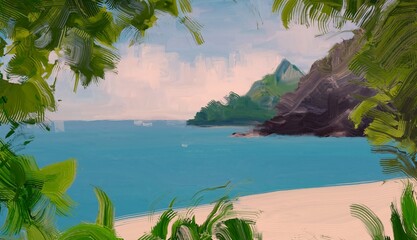 Ocean view. Wide brush painting. Hot summer. Tropical island. Digital art. Pacific atoll. 2d illustration. Blue water. © Jakub