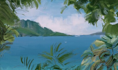 Ocean view. Wide brush painting. Hot summer. Tropical island. Digital art. Pacific atoll. 2d illustration. Blue water. © Jakub