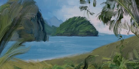 Ocean view. Wide brush painting. Hot summer. Tropical island. Digital art. Pacific atoll. 2d illustration. Blue water. © Jakub
