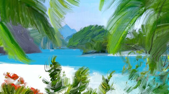 Ocean view. Wide brush painting. Hot summer. Tropical island. Digital art. Pacific atoll. 2d illustration. Blue water.