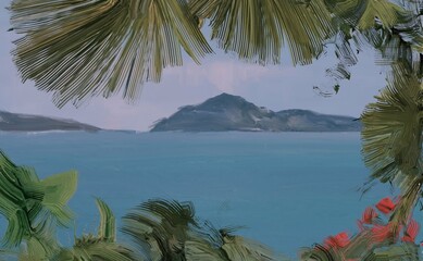 Ocean view. Wide brush painting. Hot summer. Tropical island. Digital art. Pacific atoll. 2d illustration. Blue water. © Jakub