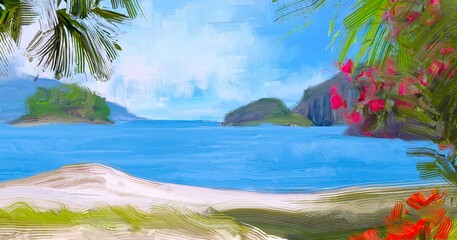 Ocean view. Wide brush painting. Hot summer. Tropical island. Digital art. Pacific atoll. 2d illustration. Blue water. © Jakub