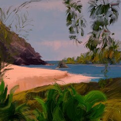 Ocean view. Wide brush painting. Hot summer. Tropical island. Digital art. Pacific atoll. 2d illustration. Blue water. © Jakub