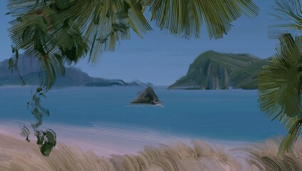Ocean view. Wide brush painting. Hot summer. Tropical island. Digital art. Pacific atoll. 2d illustration. Blue water. © Jakub