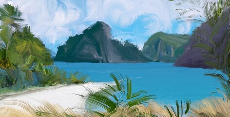 Ocean view. Wide brush painting. Hot summer. Tropical island. Digital art. Pacific atoll. 2d illustration. Blue water. © Jakub