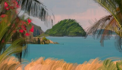 Ocean view. Wide brush painting. Hot summer. Tropical island. Digital art. Pacific atoll. 2d illustration. Blue water. © Jakub