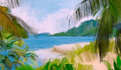 Ocean view. Wide brush painting. Hot summer. Tropical island. Digital art. Pacific atoll. 2d illustration. Blue water. © Jakub