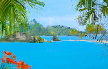 Ocean view. Wide brush painting. Hot summer. Tropical island. Digital art. Pacific atoll. 2d illustration. Blue water. © Jakub