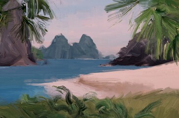 Ocean view. Wide brush painting. Hot summer. Tropical island. Digital art. Pacific atoll. 2d illustration. Blue water. © Jakub
