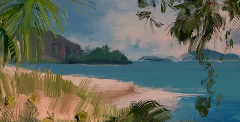 Ocean view. Wide brush painting. Hot summer. Tropical island. Digital art. Pacific atoll. 2d illustration. Blue water. © Jakub