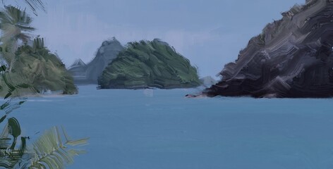 Ocean view. Wide brush painting. Hot summer. Tropical island. Digital art. Pacific atoll. 2d illustration. Blue water. © Jakub