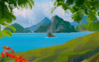 Ocean view. Wide brush painting. Hot summer. Tropical island. Digital art. Pacific atoll. 2d illustration. Blue water. © Jakub