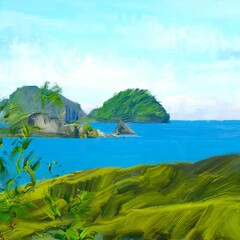Ocean view. Wide brush painting. Hot summer. Tropical island. Digital art. Pacific atoll. 2d illustration. Blue water. © Jakub