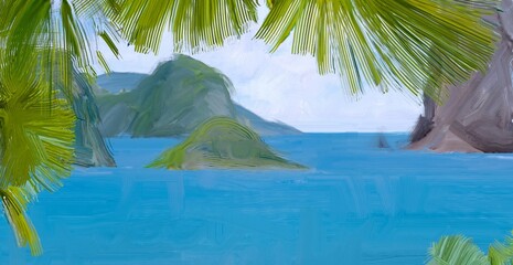 Ocean view. Wide brush painting. Hot summer. Tropical island. Digital art. Pacific atoll. 2d illustration. Blue water. © Jakub