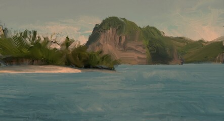 Ocean view. Wide brush painting. Hot summer. Tropical island. Digital art. Pacific atoll. 2d illustration. Blue water. © Jakub