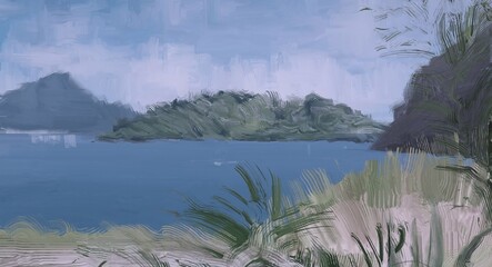 Ocean view. Wide brush painting. Hot summer. Tropical island. Digital art. Pacific atoll. 2d illustration. Blue water. © Jakub