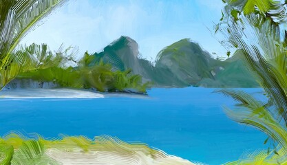 Ocean view. Wide brush painting. Hot summer. Tropical island. Digital art. Pacific atoll. 2d illustration. Blue water. © Jakub