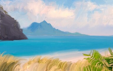 Ocean view. Wide brush painting. Hot summer. Tropical island. Digital art. Pacific atoll. 2d illustration. Blue water. © Jakub