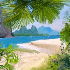 Fototapeta na wymiar Ocean view. Wide brush painting. Hot summer. Tropical island. Digital art. Pacific atoll. 2d illustration. Blue water.