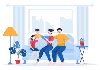 Family Time of Joyful Parents and Children Spending Time Together at Home Doing Various Relaxing Activities in Cartoon Flat Illustration for Poster or Background
