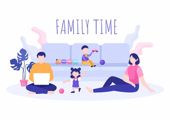 Family Time of Joyful Parents and Children Spending Time Together at Home Doing Various Relaxing Activities in Cartoon Flat Illustration for Poster or Background