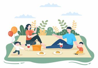 Family Time of Joyful Parents and Children Spending Time Together at Park Doing Various Relaxing Activities in Cartoon Flat Illustration for Poster or Background