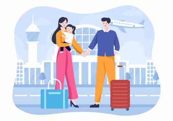 Family Time of Joyful Parents and Children Spending Time Together at Travel Doing Various Relaxing Activities in Cartoon Flat Illustration for Poster or Background