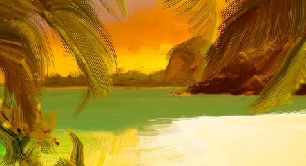 Tropical island. Sunset view. Warm summer evening. Pacific ocean. Seaside. 2d illustration. Digital painting. © Jakub