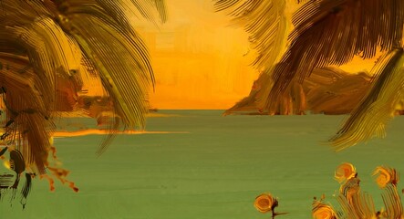 Tropical island. Sunset view. Warm summer evening. Pacific ocean. Seaside. 2d illustration. Digital painting. © Jakub