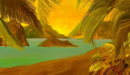 Tropical island. Sunset view. Warm summer evening. Pacific ocean. Seaside. 2d illustration. Digital painting. © Jakub