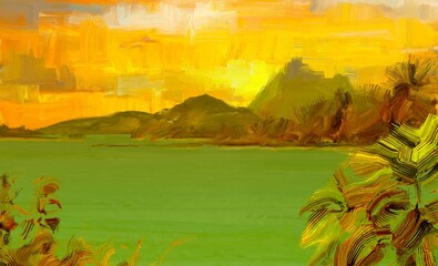 Fototapeta na wymiar Tropical island. Sunset view. Warm summer evening. Pacific ocean. Seaside. 2d illustration. Digital painting.