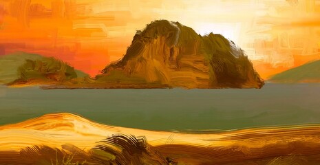 Tropical island. Sunset view. Warm summer evening. Pacific ocean. Seaside. 2d illustration. Digital painting.