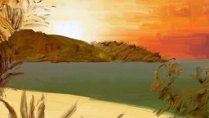 Tropical island. Sunset view. Warm summer evening. Pacific ocean. Seaside. 2d illustration. Digital painting. © Jakub