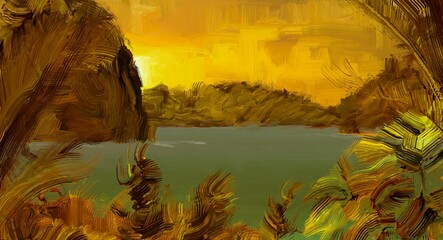 Tropical island. Sunset view. Warm summer evening. Pacific ocean. Seaside. 2d illustration. Digital painting. © Jakub