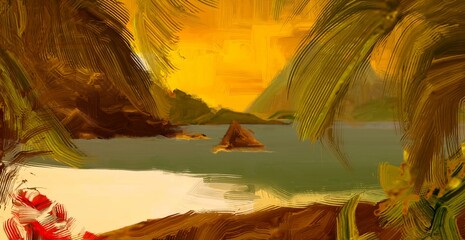 Tropical island. Sunset view. Warm summer evening. Pacific ocean. Seaside. 2d illustration. Digital painting. © Jakub