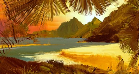 Tropical island. Sunset view. Warm summer evening. Pacific ocean. Seaside. 2d illustration. Digital painting. © Jakub