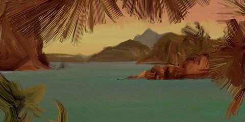 Tropical island. Sunset view. Warm summer evening. Pacific ocean. Seaside. 2d illustration. Digital painting. © Jakub