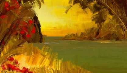 Tropical island. Sunset view. Warm summer evening. Pacific ocean. Seaside. 2d illustration. Digital painting. © Jakub
