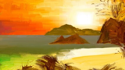 Tropical island. Sunset view. Warm summer evening. Pacific ocean. Seaside. 2d illustration. Digital painting. © Jakub