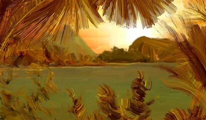 Tropical island. Sunset view. Warm summer evening. Pacific ocean. Seaside. 2d illustration. Digital painting. © Jakub