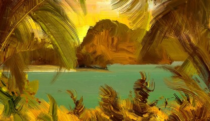 Tropical island. Sunset view. Warm summer evening. Pacific ocean. Seaside. 2d illustration. Digital painting. © Jakub